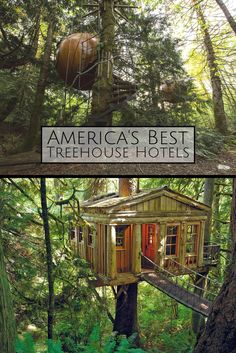 the tree house is built in the woods