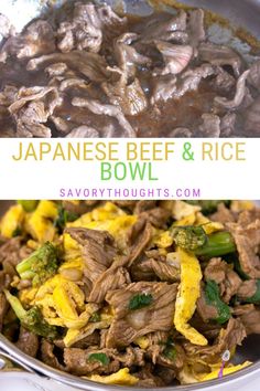 japanese beef and rice bowl with broccoli in the foreground, and an image of