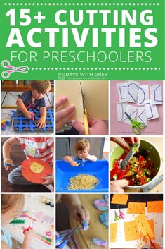 a collage of pictures with the words 15 + cutting activities for preschoolers on them