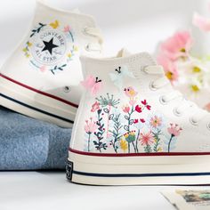 Welcome to LunnNest, a hand embroidered items shop. These are the most meticulously embroidered shoes that I give to you. I embroider them carefully and thoroughly with skillful hands. Converse type: Converse High Tops Chuck Taylor 1970s Converse color:  13. 1970s_White Price includes: Shoes + Embroidery as Pictured I can buy it for you at a store near your home or you can send me the canvas shoes you have available. Your embroidered Converse, Vans shoes are ready to ship in 8-16 days. I need th Embroidered Closed Toe Sneakers For Spring, White Sneakers With Appliques For Summer, Spring Sneakers With Multicolor Embroidery And Appliques, Embroidered Sneakers For Spring, Spring Embroidered Canvas Shoes With Round Toe, Spring Embroidered Sneakers, Vintage White Canvas Shoes With Round Toe, White Embroidered Sneakers For Spring, Spring Embroidered Flat Sneakers