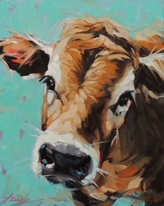 an oil painting of a brown and white cow