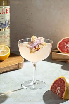 a grapefruit cocktail garnished with an orchid sits next to sliced grapefruits