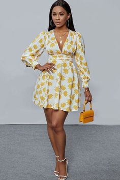 LW Sweet V Neck Floral Print Yellow Mini A Line Dress Mini A Line Dress, Lady Outfits, Dress Deep V Neck, Sweet Fashion, Office Dresses For Women, Mini A, Chiffon Midi Dress, Floral Mini Dress, Printed Mini Dress