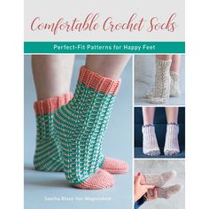 the book cover shows four different crocheted socks and slippers with text that reads,