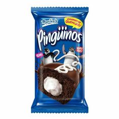 a bag of chocolate cake with marshmallows and penguins on it's side