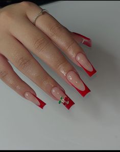 Red Acrylics With Design, Red French Nails Square, Nail Red French, Red French Almond Nails, Buchifresa Nails, French Tip Nails Red, Red Nail Inspiration, Red French Tip Nails, Red French Tip