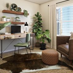 a living room filled with furniture and plants