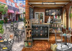 a painting of a coffee shop with tables and chairs in front of the store's counter