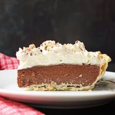 a slice of chocolate pie on a white plate