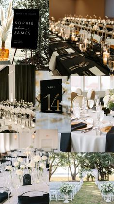 a collage of photos showing tables and chairs at a wedding reception with white flowers