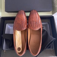 Brand New In The Shoe Bags And Box. Comes With A Gorgeous Shoe Horn. Formal Brown Woven Leather Loafers, Brown Formal Loafers With Woven Sole, Formal Brown Loafers With Woven Sole, Elegant Brown Woven Leather Loafers, Elegant Woven Leather Slip-on Loafers, Elegant Loafers With Woven Sole, Elegant Woven Leather Loafers, Elegant Business Loafers With Woven Sole, Luxury Brown Closed Toe Loafers