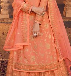 Peach Orange Designer Embroidered Kurti Style Lehenga-Saira's Boutique Peach Semi-stitched Lehenga With Zari Work, Semi-stitched Peach Lehenga With Dori Work, Festive Peach Lehenga With Intricate Embroidery, Embroidered Peach Georgette Dupatta, Peach Embroidered Lehenga, Jacquard Lehenga, Satin Dupatta, Kurti Style, Embroidered Kurti