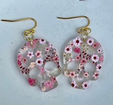 "Available in silver or gold.   Earrings are approximately 2 1/2\" long. Nickle Free" Gold Skull Earrings Nickel Free, Gold Skull-shaped Earrings, Halloween Resin Earrings, Resin Earrings Ideas, Easter Accessories, Halloween Resin, Epoxy Crafts, Acrylic Pink, Earrings Ideas