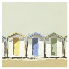 three beach huts are painted in different colors