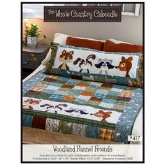 an image of a bed with the words woodland friends on it and two pictures of animals