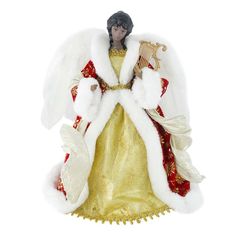 an angel figurine is dressed in gold and white