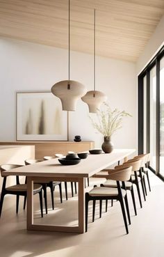 a dining room table and chairs in front of a large window