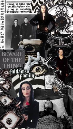 the addams family collage with black and white images, including an eyeball