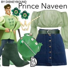 the princess and the frog costume is featured in this image, including a green top with ru