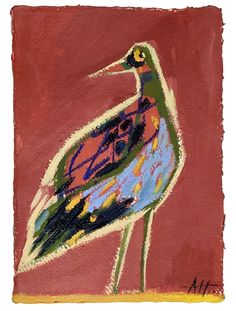 a painting of a bird on a red background