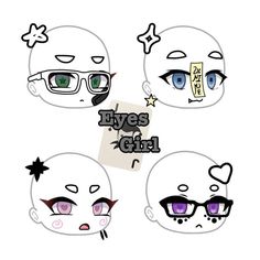 four cartoon faces with different types of eyes and the words eyes girl written on them