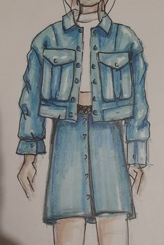 a drawing of a woman wearing a jean jacket and skirt with her hands in her pockets