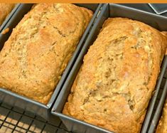 four loafs of bread sitting on top of a cooling rack next to each other