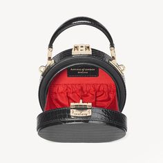 Micro Hat Box in Black Patent Croc | Aspinal of London Classic Round Case Bag For Gift, Classic Round Case Bag For Formal Occasions, Classic Formal Bag With Round Case, Elegant Box Bag With Case For Gift, Luxury Formal Bags With Round Case, Small Hand Bags, Black Bucket Bag, Hand Bags For Women, Black Bucket