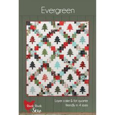 the evergreen quilt pattern is shown in red, green and blue with trees on it