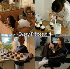 four different pictures of people sitting at a table with cupcakes in front of them