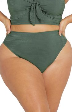 A powermesh lining provides comfortable support in bikini bottoms designed with a high waist and full back coverage perfect for days lounging by the water. Full back coverage Powermesh lining 92% nylon, 8% elastane Hand wash, dry flat Imported Green Swimwear With Wide Waistband For Beach, High Waist Green Bottoms For Sunbathing, Beach Swimwear With High-cut Leg And Wide Waistband, Beach Swimwear With Wide Waistband And High-cut Leg, High-cut Leg Swimwear With Wide Waistband For Beach, High Waist Nylon Tankini For Beach Season, High-cut Leg Nylon Beach Bottoms, High-cut Leg Nylon Bottoms For Beach, Nylon High-cut Leg Bottoms For Beach