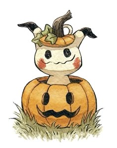 a drawing of a pumpkin sitting in the grass