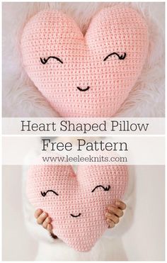 two crocheted heart shaped pillows with eyes closed and the text, free pattern