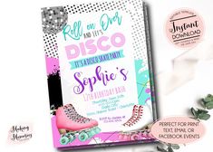 a birthday party flyer with roller skates and polka dots on the front, along with other items