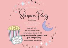 a pink birthday party with popcorn, moon and stars on the night time theme is featured in this free printable sleepover party