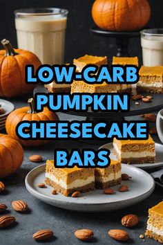 A photo of a  Low-Carb Pumpkin Cheesecake Bars which is a type of Keto Halloween Desserts Keto Pumpkin Cheesecake Bars, Bars Dessert Recipes, Healthy Pumpkin Cheesecake Bars, Pumpkin Cheesecake Bars Recipe, Healthy Pumpkin Cheesecake, Keto Pumpkin Cheesecake, Layer Cheesecake