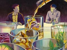 a painting of two men sitting at a table with glasses and bottles in front of them