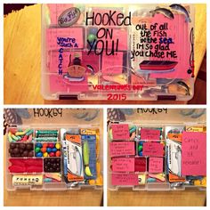 two pictures of the inside of a plastic container with notes and candies in it