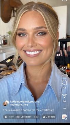 Soft Glam Bridal Makeup Brunette, Hoco Natural Makeup, Bridesmaid Makeup For Blondes, Subtle Summer Makeup, Bold Makeup For Blue Eyes, Subtle Evening Makeup, Bridesmaids Makeup Ideas Blue Eyes, Tan Blonde Makeup, Simple Wedding Makeup Blue Eyes