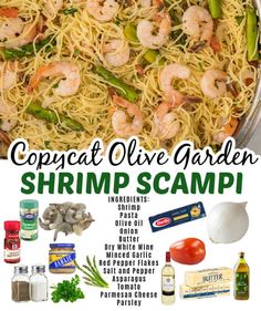 an image of shrimp scampp pasta recipe with ingredients in the bottom right corner