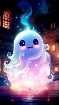 an animated ghost with glowing eyes sitting in front of a building