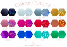 the color options for different glitters are shown in various colors and sizes, including blue, pink, green, red, purple, orange, yellow