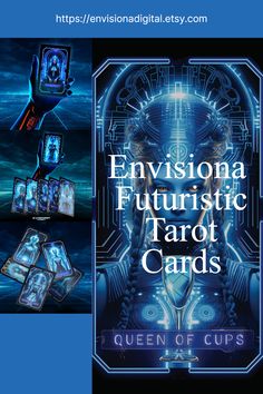 an advertisement for the card game envisiona futuristic tarot cards