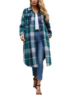 PRICES MAY VARY. Button down closure fashion oversized midi shirt dress wool coat Two side pockets,2 flap chest pockets,side slit design,turndown collar Comfy,relaxed loose fit brushed checked mid long flannel shirt coat,suit for for spring,autumn,winter Retro and chic,gingham pattern,under knee length long sleeved tartan shirts jackets maxi medium weight trench coat for home,work,travel,etc All items are US SIZE.We've improve our jackets with REAL BIG SIDE POCKETS and updated the CORRECT SIZE C Long Plaid Shacket Outfit, Plaid Shacket Outfit Women, Plaid Shacket Outfit, Shacket Outfit Women, Winter Fasion, Long Plaid Coat, Shacket Outfit, Long Sleeve Shirts For Women, Plaid Shacket