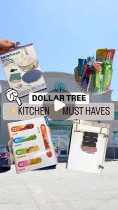 dollar tree kitchen must haves in front of a building with the words dollar tree written on it