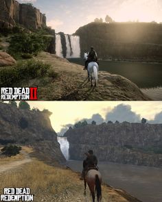 two screens show the same scene in red dead redemption, and one shows an image of a man riding a horse next to a waterfall