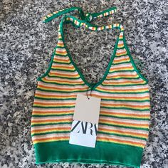 Nwt Zara Green Multicolored Striped Cropped Knit Top. Tie Enclosure At Nape Of Next. Size S. Smoke Free And Pet Free Home. Cropped Knit Top, Knit Crop Top, Knit Crop, Cropped Top, Striped Knit, Green Orange, Green And Orange, Knit Top, Zara