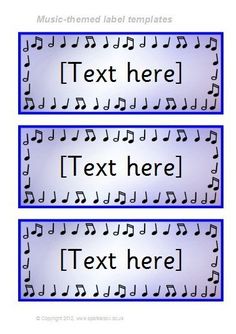 three blue banners with musical notes on them, one has text here and the other has music notes