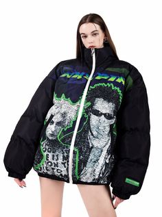 Edgy oversized puffer jacket in black with bold green accents. Features large graphic prints of punk rock icons on the front panels. Full-zip closure with a high collar for added warmth. Baggy silhouette offers a street-style aesthetic. Perfect for alternative fashion enthusiasts, punk rock concerts, or making a statement in cold weather. Material Info100% polyester fiber Model info Height: 176cm Weight: 46kg Wearing size: M Black Grunge Outerwear With Zipper Closure, Black Zipper Closure Grunge Outerwear, Black Grunge Outerwear With Zipper, Black Zipper Closure Outerwear For Concert, Oversized Black Punk Outerwear, Green Zipper Closure Outerwear For Streetwear, Black Grunge Outerwear For Concert, Urban Green Puffer Jacket, Edgy Black Outerwear With Graphic Print