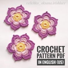 three crochet flower appliques are shown on a white background with the words crochet pattern ppf in english use